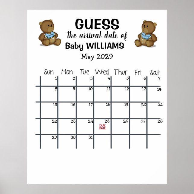 Guess Due Date Calendar with Bears Poster (Front)