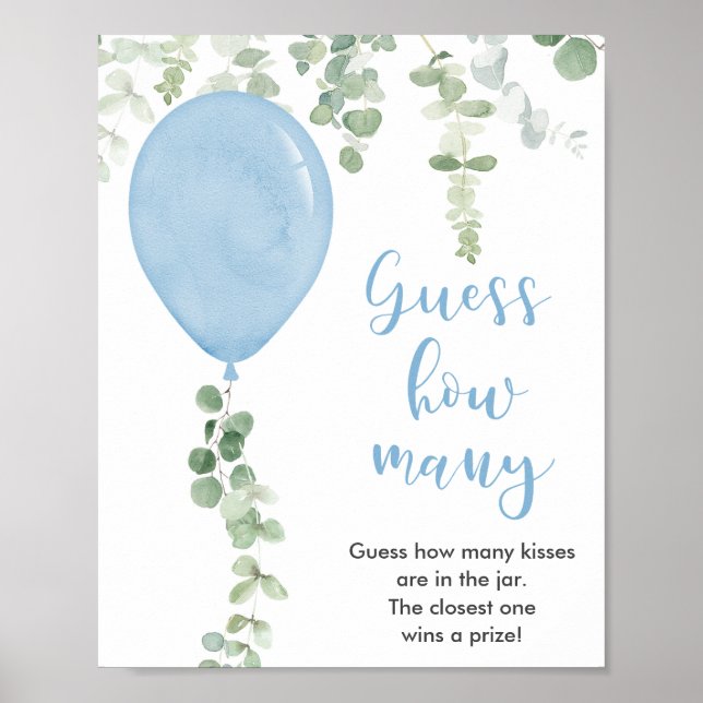 Guess how many baby shower game blue balloons poster (Front)