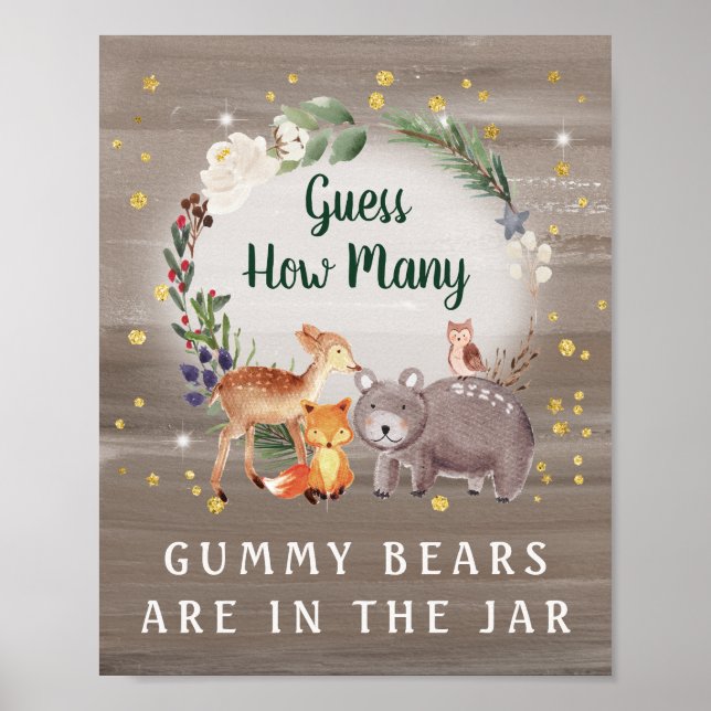 Guess How Many Bears Woodland Baby Shower Game Poster (Front)