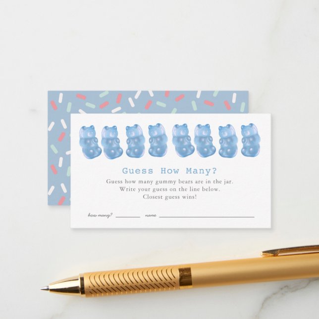 Guess How Many Gummy Bears Blue Baby Shower Game Enclosure Card (Front/Back In Situ)