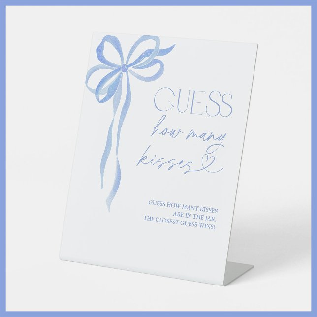 Guess How Many Kisses Blue Bow Bridal Shower Pedestal Sign (Creator Uploaded)