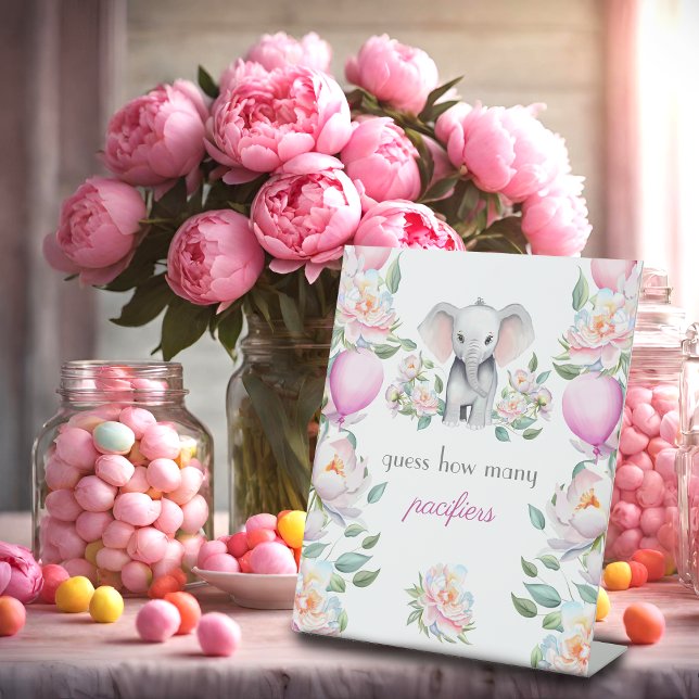 Guess How Many Pacifiers Baby Elephant Peonies  Pedestal Sign (Creator Uploaded)