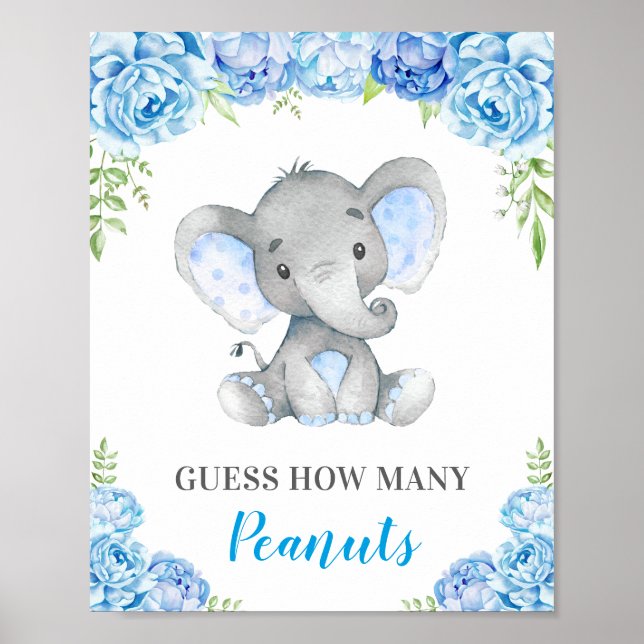 Guess How Many Peanuts Elephant Baby Boy Shower Poster (Front)