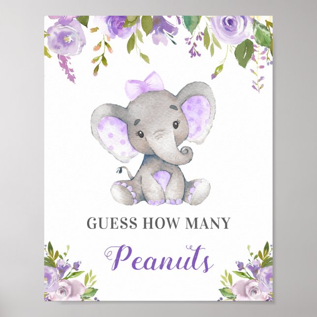 Guess How Many Peanuts Elephant Baby Shower Game Poster (Front)