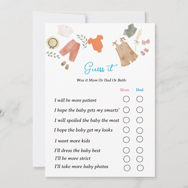 Guess it gender reveal party game mummy or dad invitation (Front)