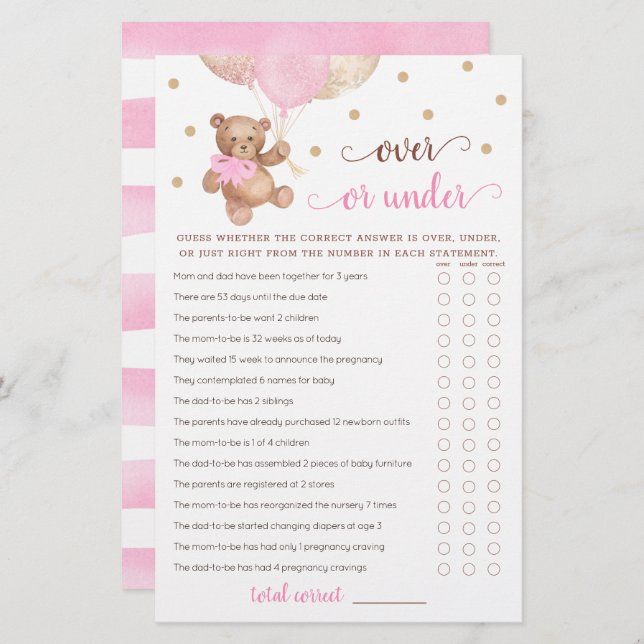 Guess Over or Under Game Baby Shower Teddy Bear  (Front/Back)