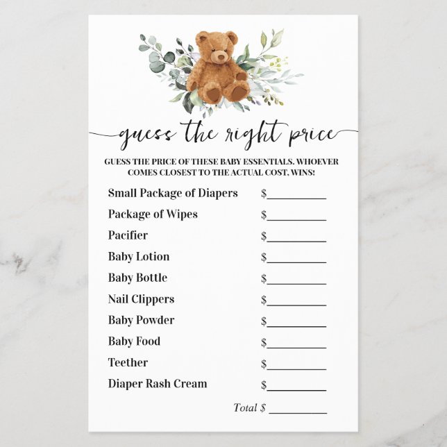 Guess Right Price Bear Greenery Baby Shower Game Flyer (Front)