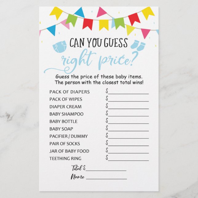 Guess right price Game Baby Shower Party game (Front)