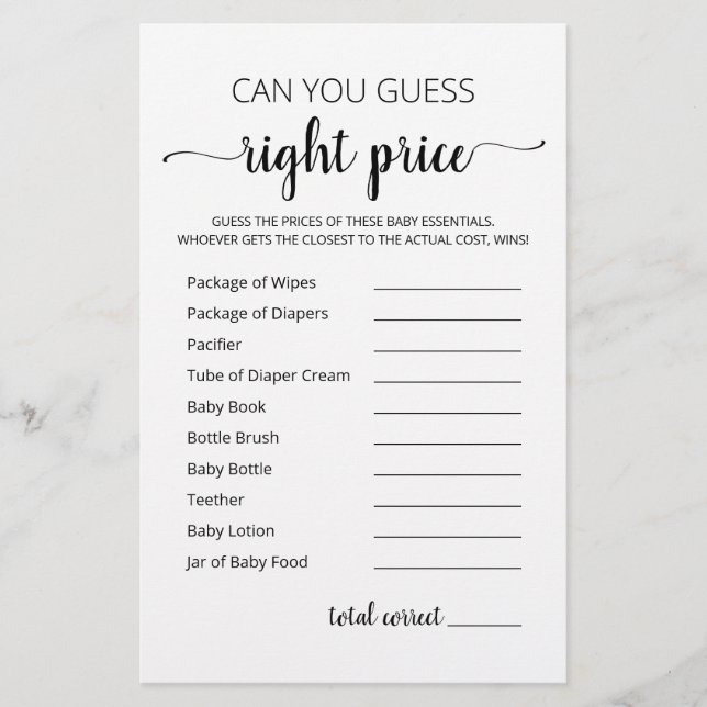 Guess right price game Baby Shower party game (Front)