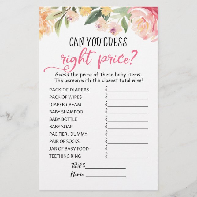 Guess right price Game Baby Shower Party game (Front)