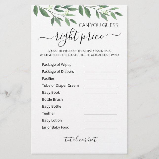 Guess right price game Baby Shower party game (Front)