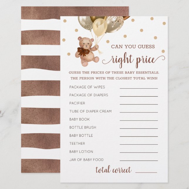 Guess Right Price Game Baby Shower Teddy Bear  (Front/Back)