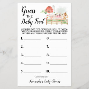 Guess the Baby Food Farm Baby Shower Game Card