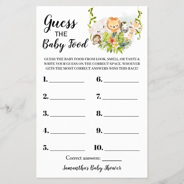Guess the Baby Food Jungle Baby Shower Game Card (Front)