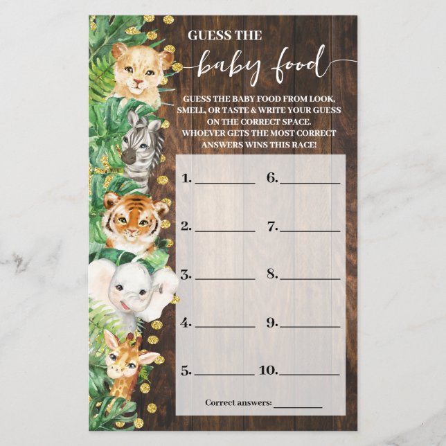 Guess the Baby Food Safari Baby Shower Game Card (Front)