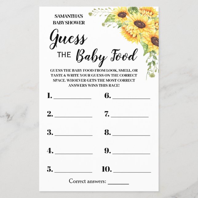 Guess the Baby food shower game card (Front)