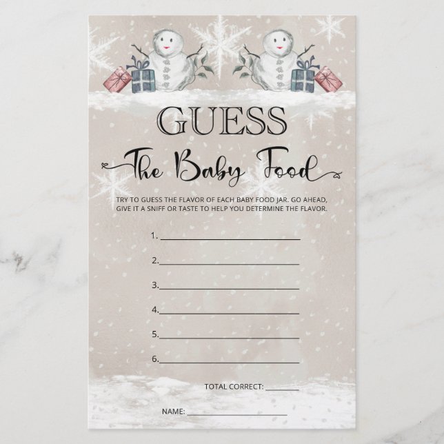 Guess The Baby Food Snowman Baby Shower Game (Front)