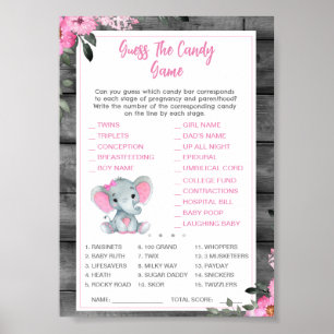Guess the Candy Baby Shower Game Elephant Pink Poster