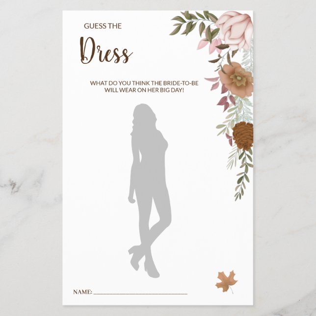 Guess the Dress Boho Autumn BridalShower Game Card (Front)