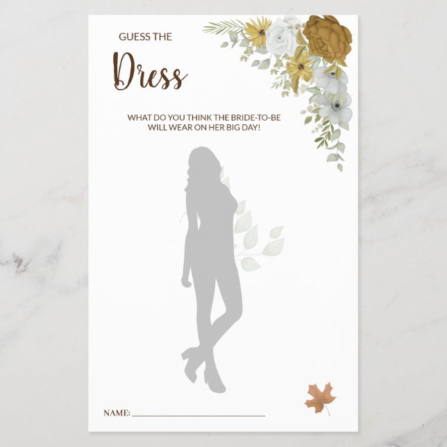 Guess the Dress Boho Autumn BridalShower Game Card (Front)
