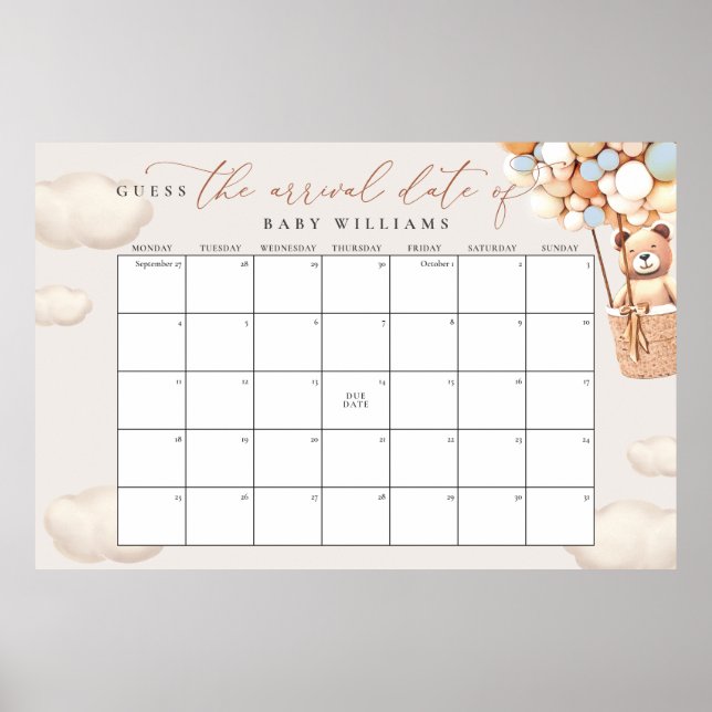 Guess The Due Date Calendar Blue Bear Poster (Front)
