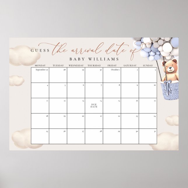 Guess The Due Date Calendar Blue Grey Bear Poster (Front)