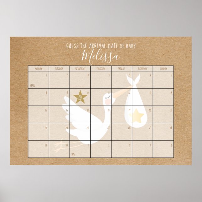 Guess The Due Date Calendar Kraft Baby Shower Game Poster (Front)