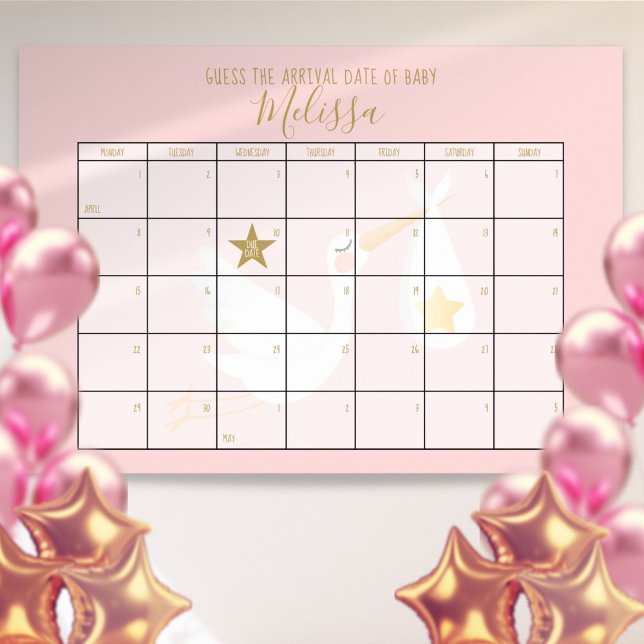 Guess The Due Date Calendar Pink Baby Shower Game Poster (Guess The Due Date Calendar Pink Baby Shower Game Poster)