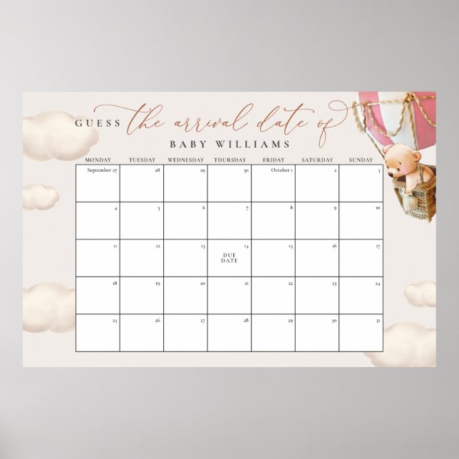 Guess The Due Date Calendar Pink Bear Poster (Front)