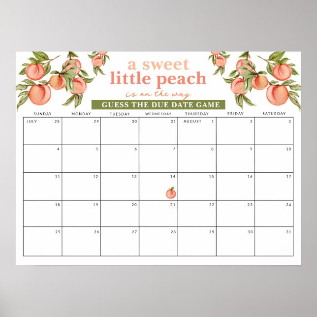 Guess the Due Date Sweet Peach Baby Shower Game Poster (Front)