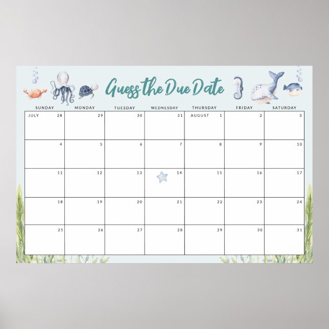 Guess the Due Date Under the Sea Baby Shower Game Poster (Front)