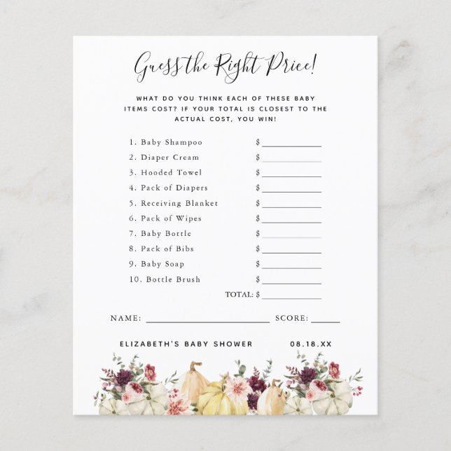 Guess The Price | Baby Shower Game (Front)