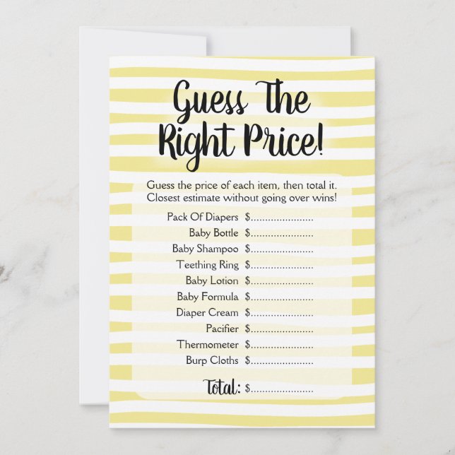 Guess The Price Baby Shower Game Yellow White Invitation (Front)