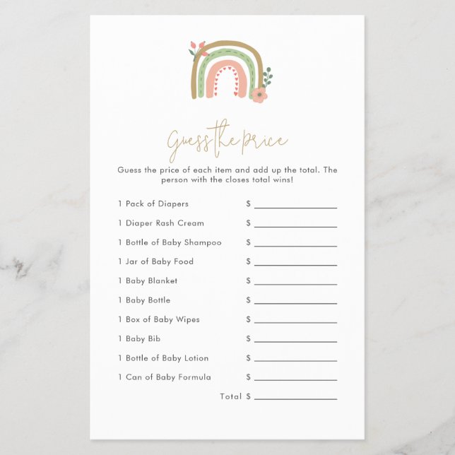 Guess the Price Boho Rainbow Baby Shower Game Flyer (Front)