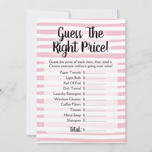 Guess The Price Bridal Shower Game Pink White Invitation (Front)