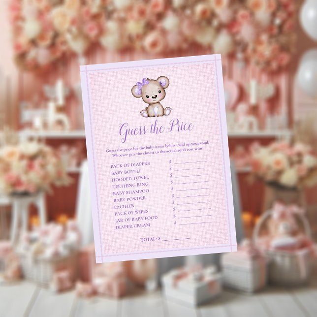 Guess The Price Cute Purple Bear Girl Shower Game Invitation (Creator Uploaded)