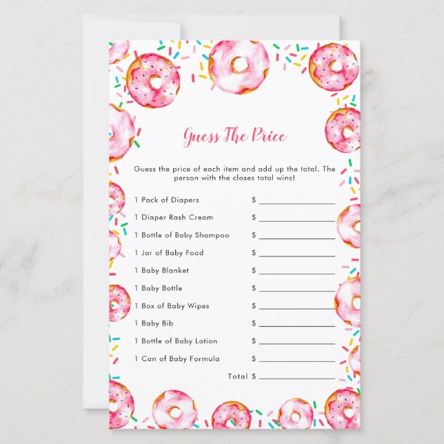 Guess The Price Donuts Diapers Baby Shower Game (Front)