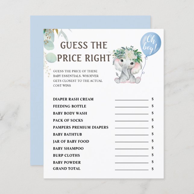Guess The Price | Elephant Theme Baby Shower Game (Front/Back)