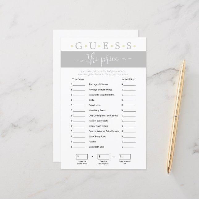 Guess the Price Game Gender Neutral Baby Shower (Front/Back In Situ)