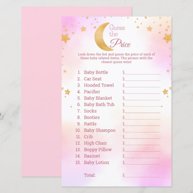 Guess the Price Moon Stars Pink Baby Shower Game (Front/Back)