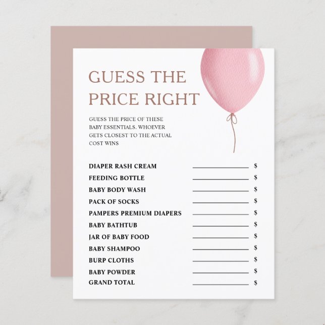 Guess The Price Pink Balloon Girl Baby Shower Game (Front/Back)