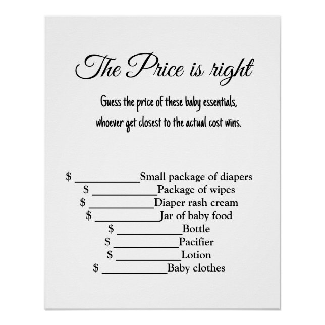 guess the price right baby shower games poster (Front)