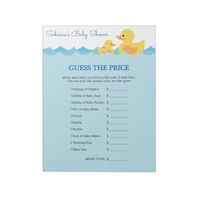 Guess The Price Rubber Duck Baby Shower Game Notepad (Rotated)