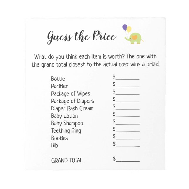 Guess the Price White w/ Cute Elephant Game Pages Notepad (Front)