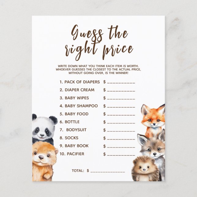 Guess the Price Woodland Animals Baby Shower Game (Front)