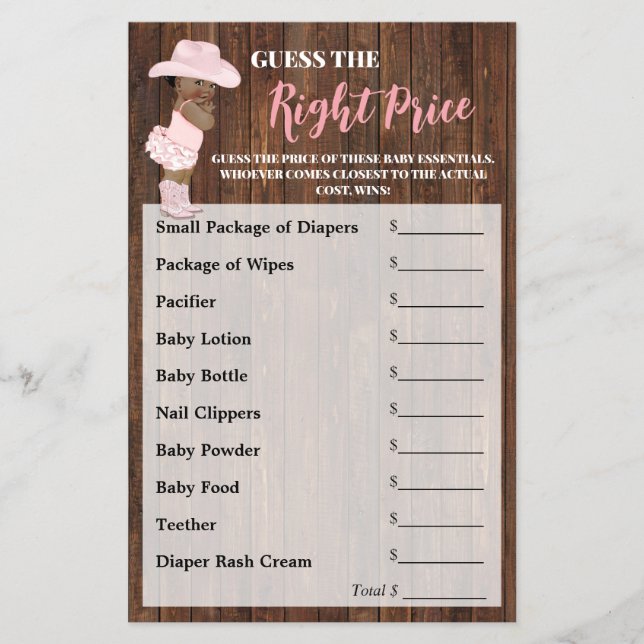 Guess the Right Price AA Cowgirl Baby Shower Game Flyer (Front)