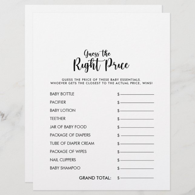 Guess the Right Price Baby Shower Game (Front/Back)