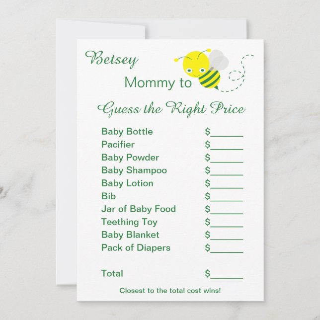 Guess the Right Price Baby Shower Game Cards (Front)