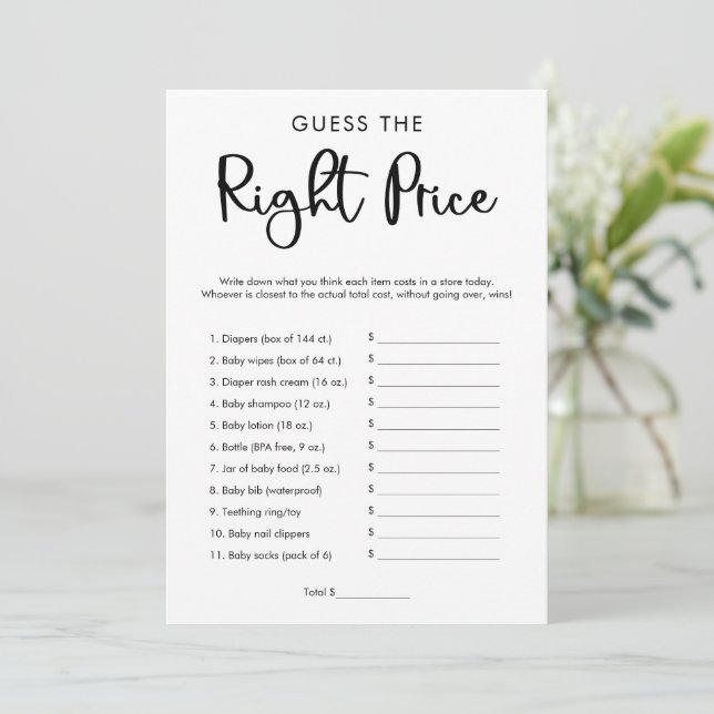 Guess the right price baby shower game modern invitation (Standing Front)
