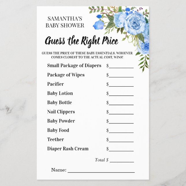 Guess the Right Price Blue Floral Baby Shower Game Flyer (Front)